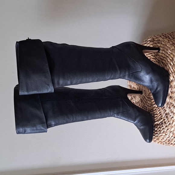 Banana Republic Womens Black Leather Over-The-Knee Tall Boots 4.25" Heels S-9 - Picture 2 of 8